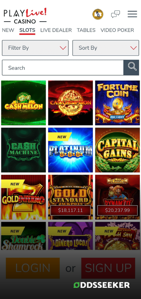 A screenshot of the mobile casino games library page for PlayLive! Casino